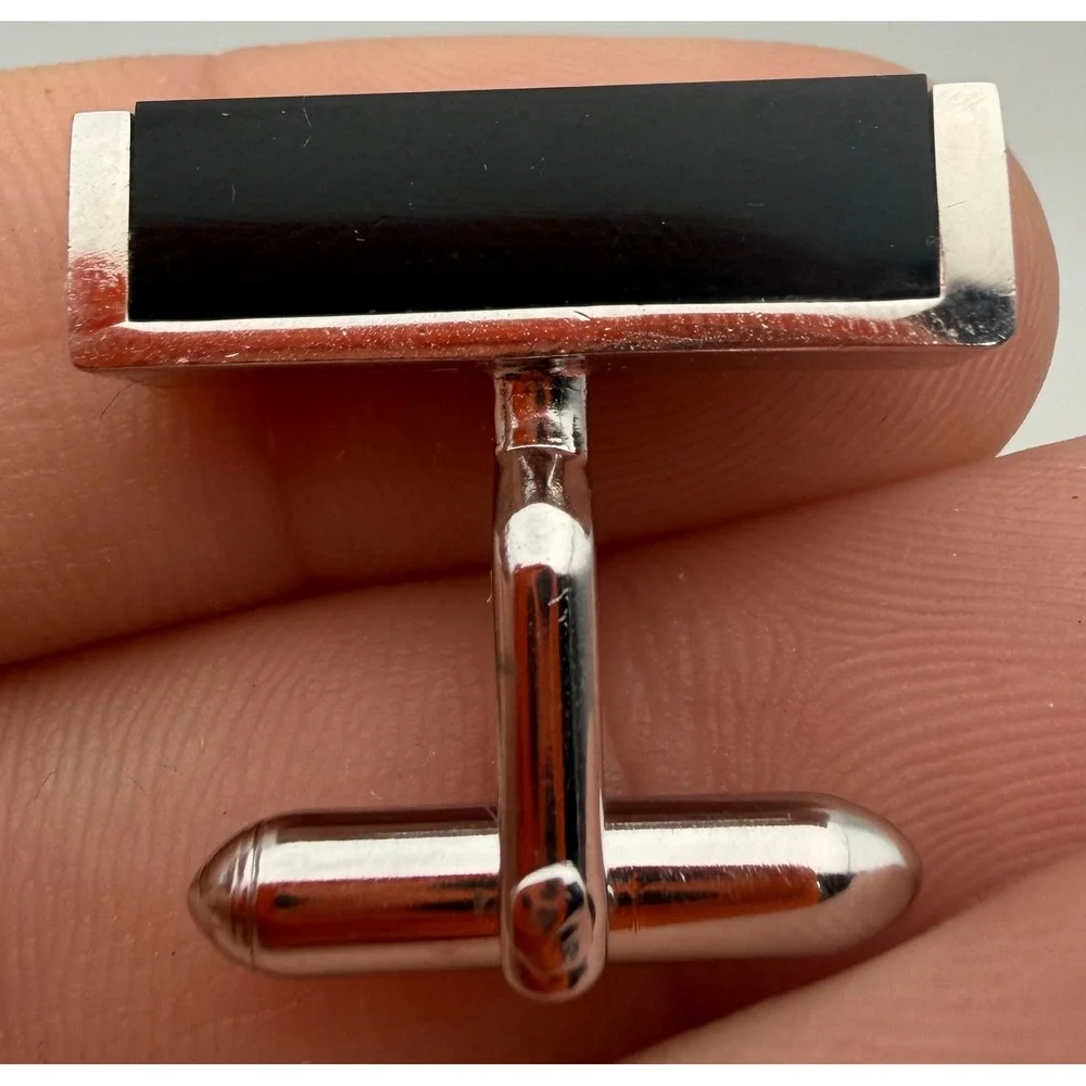 Vintage Swank Mens Silver Tone Black Onyx Rectangular Bar Cufflinks Mid Century